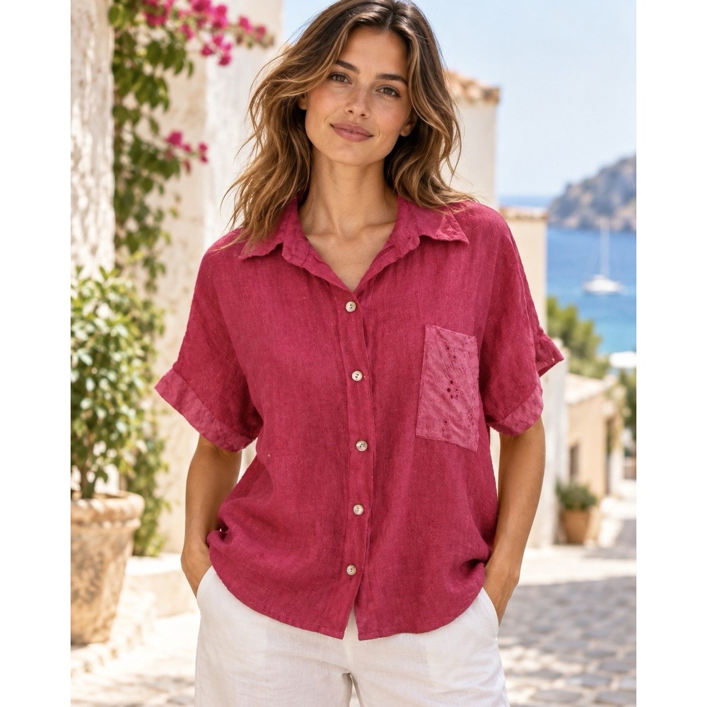 Puro Lino  100% Linen Button Up Short Sleeves Pocket Sz M Made in Italy
